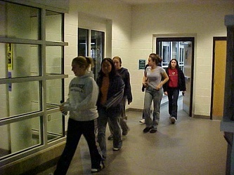 Students evacuating during a fire drill