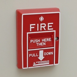 Fire alarm pull station in Potomac Hall