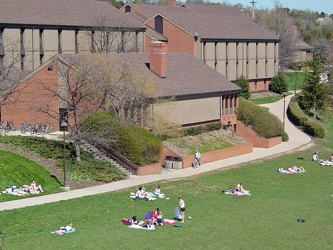 Hillside Hall, with students relaxing in front