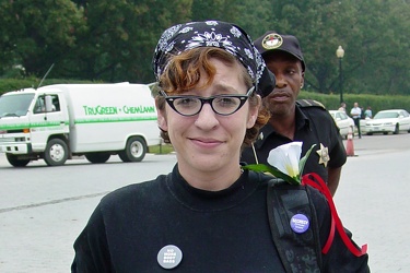 Woman wearing black bandanna