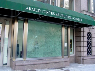 Broken window at military recruitment center