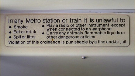 Rules sign on Washington Metro car 4007