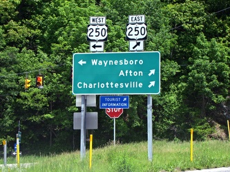 Directional signage at the end of the ramp for Interstate 64, Exit 99 at Rockfish Gap