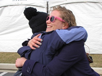 Hug following a polar bear plunge