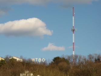 WTBO sign and transmitter, viewed from below