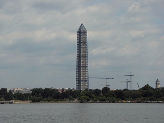 Washington Monument in scaffolding, viewed from across the Tidal Basin near the Jefferson Memorial [11]