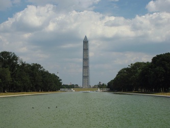 Washington Monument in scaffolding, viewed from the west end of the Lincoln Memorial Reflecting Pool [02]