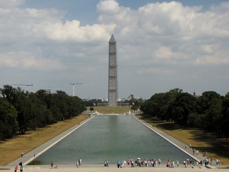 Washington Monument in scaffolding, viewed from the Lincoln Memorial