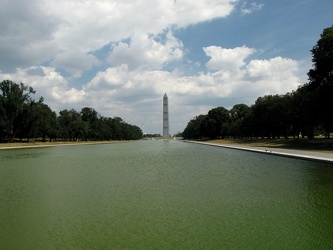 Washington Monument in scaffolding, viewed from the west end of the Lincoln Memorial Reflecting Pool [04]