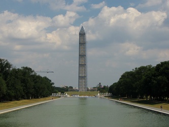 Washington Monument in scaffolding, viewed from the west end of the Lincoln Memorial Reflecting Pool [06]