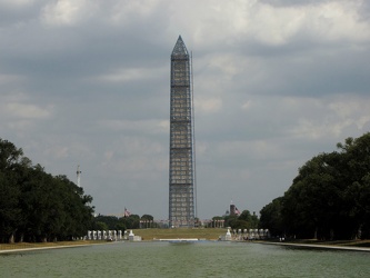 Washington Monument in scaffolding, viewed from the west end of the Lincoln Memorial Reflecting Pool [07]