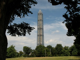 Washington Monument in scaffolding, viewed from a field west of 15th Street SW [02]