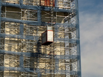 Detail of the Washington Monument's scaffolding, viewed from the southwest, showing the elevator car [01]