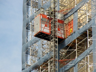 Detail of the Washington Monument's scaffolding, viewed from the southeast, showing the elevator car