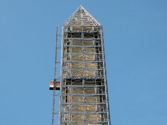 Detail of the Washington Monument's scaffolding, viewed from the east, showing the elevator car