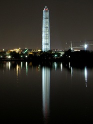 Washington Monument in scaffolding at night, viewed from the southwest, across the Tidal Basin [02]