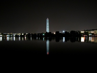 Washington Monument in scaffolding at night, viewed from the south, across the Tidal Basin [03]