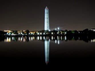 Washington Monument in scaffolding at night, viewed from the southwest, across the Tidal Basin [03]