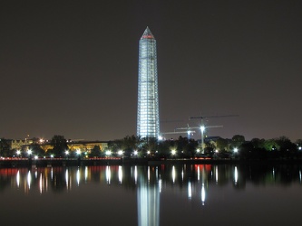 Washington Monument in scaffolding at night, viewed from the southwest, across the Tidal Basin [04]