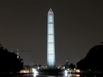 Washington Monument in scaffolding at night, viewed from the west, near the Lincoln Memorial [06]