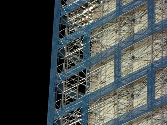 Washington Monument in scaffolding at night, showing detail of the scaffolding