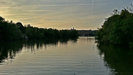 Key Bridge from Roosevelt Island footbridge, at sunset