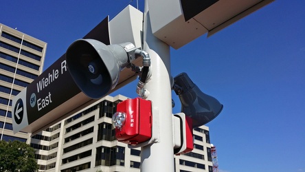 Public address speakers and fire alarm strobes at Greensboro station