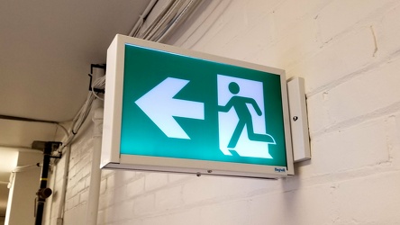 "Running man" exit sign at the Banting Institute