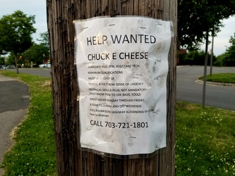 "Help wanted" sign for Chuck E. Cheese's