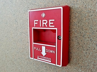 Fire alarm pull station at Glenwood Library