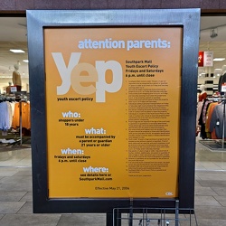 Southpark Mall Youth Escort Policy sign