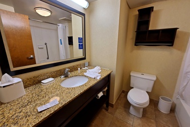 Bathroom in room 506 at the Hampton Inn in Newport News