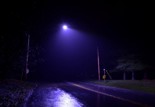 Purple streetlight at Jennings Chapel Road and Route 97, April 8, 2022