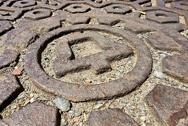 Telephone manhole cover in downtown Staunton, Virginia