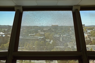 Shattered window at the Sunsphere