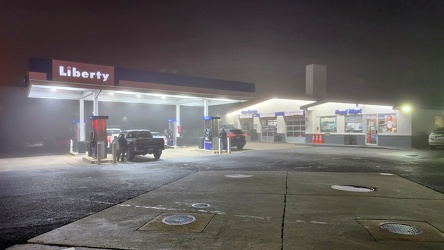 Liberty gas station on a foggy evening