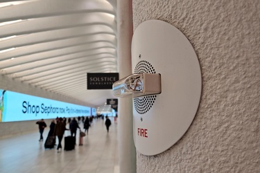 Curved fire alarm speaker at Westfield World Trade Center