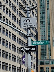 Signage on a mast arm at Willoughby and Jay Streets