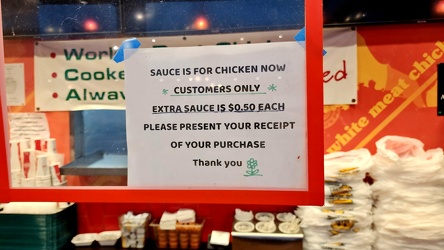 Sign regarding sauce at Chicken Now