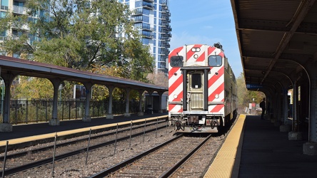 Metra train arrives at Davis Street station