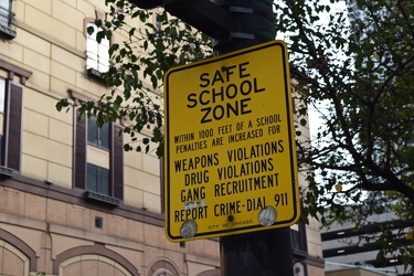 "SAFE SCHOOL ZONE" sign at Chicago and Wabash