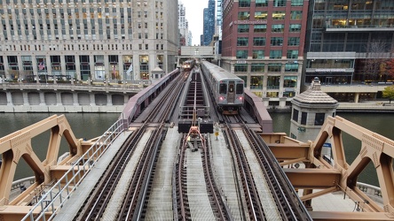 Purple and Brown Line trains on the Wells Street Bridge