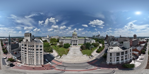 Aerial view of the Pennsylvania State Capitol, above State Street